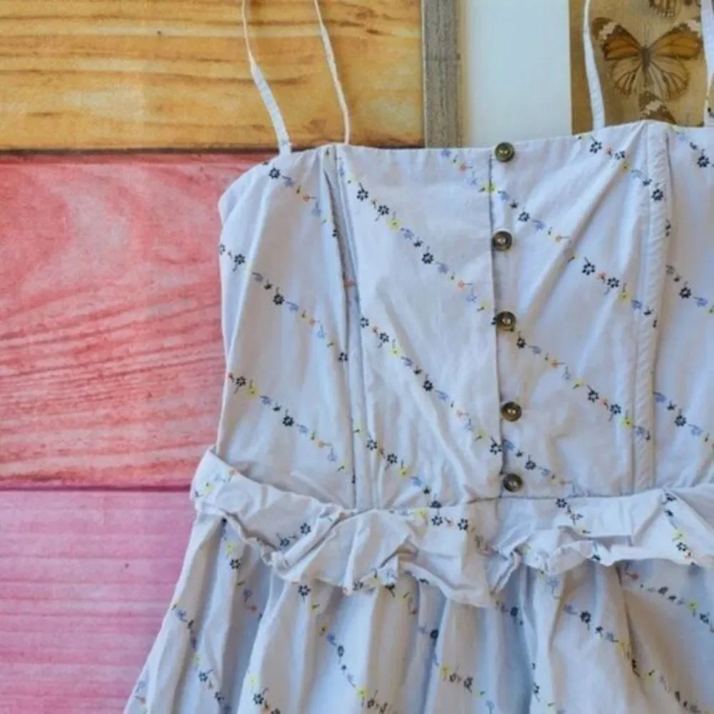 Ganni Gray Floral Print Ruffle Poplin Tiered A-line‎ Pocket Midi Sundress L